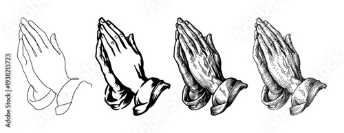 Praying hands illustration set showcasing diverse artistic styles from simple lines to detailed engravings.