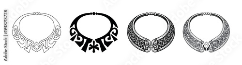 Ancient tribal decorative necklaces collection featuring various ornate patterns and historical jewelry designs