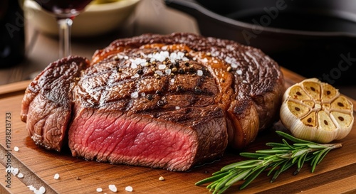 A perfectly seared, thick-cut ribeye steak rests on a wooden cutting board. The steak boasts a rich, dark brown crust and a vibrant red interior.