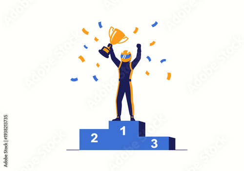 Racer holding trophy on blue winner podium