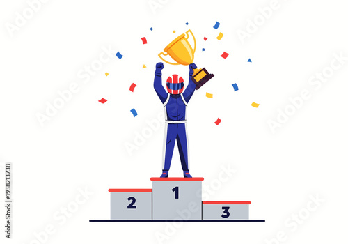 Champion racing driver celebrating victory on podium