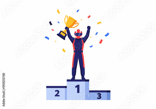 Formula racing winner celebrating with gold trophy