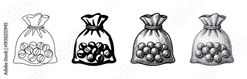 Four different artistic styles illustrate bags of marbles, showcasing diverse drawing techniques in a playful collection.