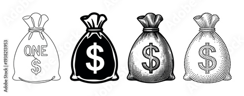 Four different money bags with dollar signs showcasing various artistic styles representing wealth, finance, and economic concepts.
