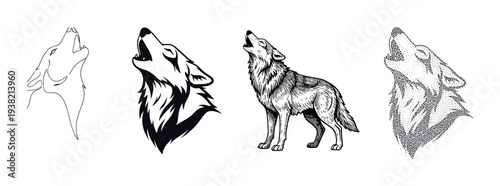 Four different howling wolf illustrations in various artistic styles including line art, silhouette, engraving, and stipple art.