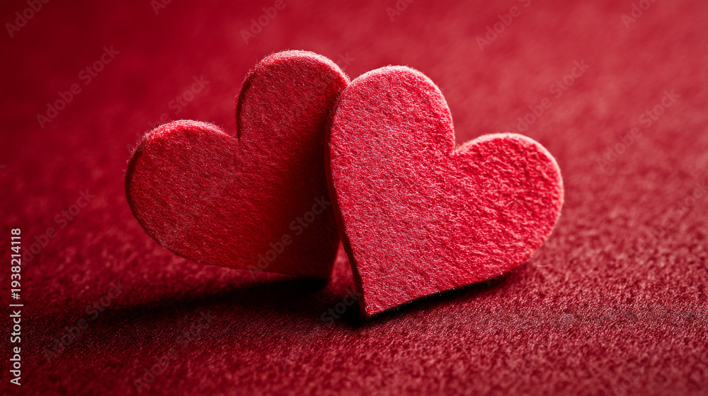 Fototapeta premium Two red felt hearts placed on a soft, textured background.