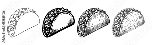 Set of various delicious tacos illustrated in different black and white artistic styles for food design.