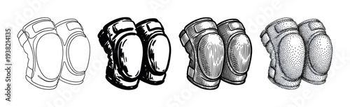 Knee pads protective equipment for active sports and outdoor adventures rendered in diverse graphic styles.