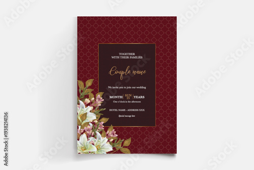 WEDDING INVITATION FRAME WITH FLOWER DECORATIONS AND FRESH LEAVES