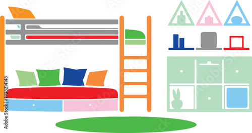 Colorful cartoon illustration of a childs bedroom with bunk bed and organized storage