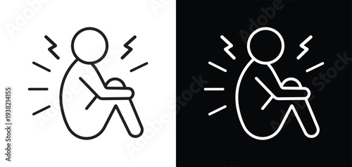 Mental Health Awareness Icon Featuring Anxious Person Sitting with Knees and Emotional Stress Lines Representing Anxiety, Depression, Panic Attack, Burnout and Psychological Distress for Wellness