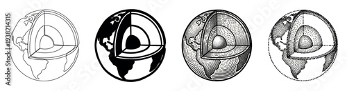 Earth's internal structure diagram with various styles illustrating geological layers, mantle, and core composition in a scientific context.