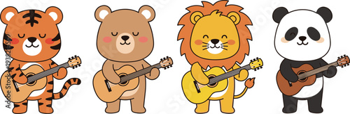 Cute Animal Musicians Playing Guitar Set with Tiger Bear Lion and Panda Cartoon Music Band Vector Illustration