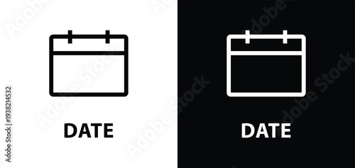 Two UI calendar icons black outline on white background and white outline on black background both with date text representing scheduling timeframes and filters for user interface design.