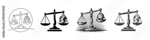 Balance scales with a globe on one side representing environmental justice and global sustainability.
