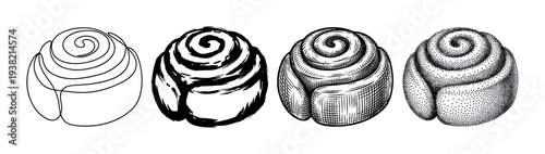 Delicious sweet cinnamon rolls illustrated with different artistic techniques, including line art, brush strokes, engraving, and stippling.