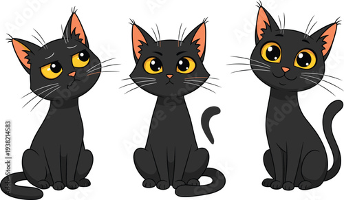 Cute Black Cat Cartoon Characters Set with Different Kitty Expressions Sitting Pet Vector Illustration