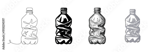 Illustrations of crumpled plastic bottles rendered in various artistic styles symbolize waste, pollution, and recycling efforts.