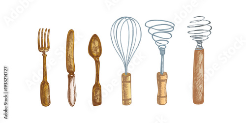 Hand drawn vintage kitchen utensils set fork knife spoon whisk and spiral mixer engraving style illustration