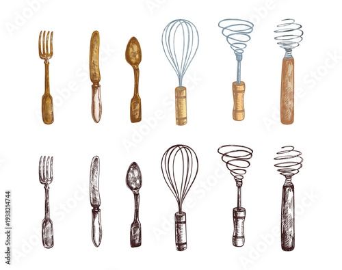 Hand drawn vintage kitchen utensils set fork knife spoon whisk spiral mixer colored and monochrome engraving illustration