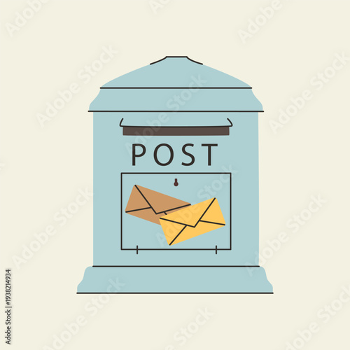 Vintage light blue public post box with envelopes visible inside.