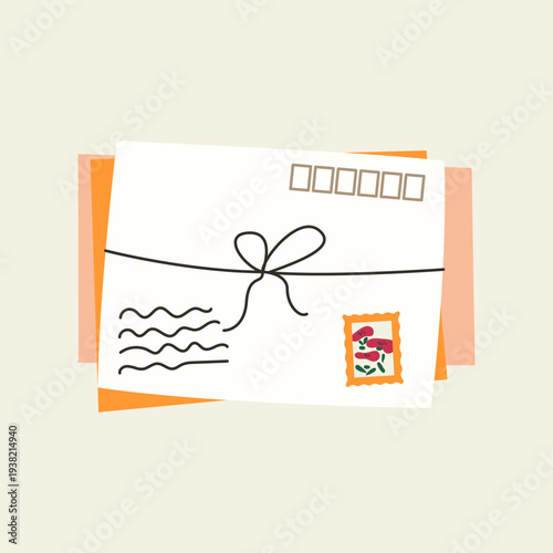 A bundle of white and orange envelopes tied together with a black string bow