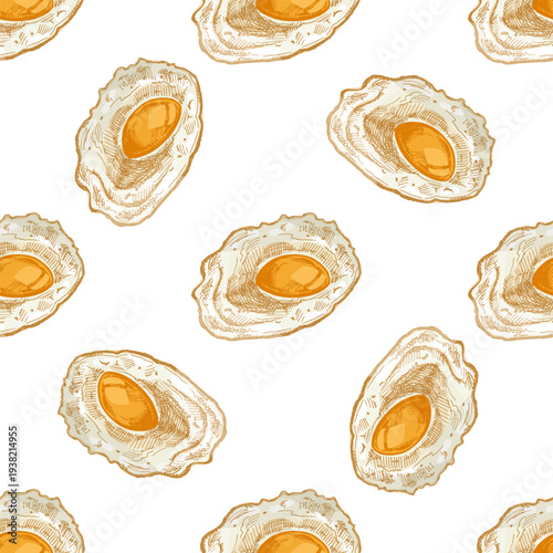 Hand drawn vintage fried egg seamless pattern sunny side up breakfast food engraving style repeat illustration