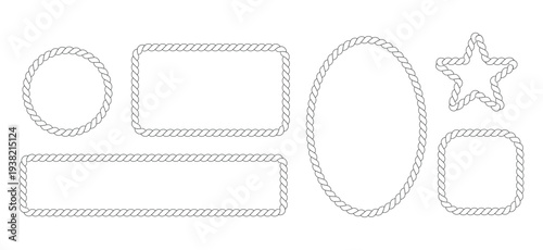 Nautical Rope Frame Border Set – Circle, Rectangle, Oval, Square and Star Shapes, Marine Sailor Rope Outline Collection, Isolated Flat Vector
