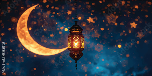 Vintage glass Chinese lantern lighting a dark night sky with an antique metal post and star shaped bulb decoration