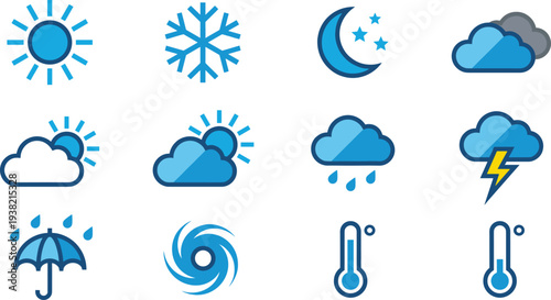 Modern weather icon set including sun snowflake moon clouds rain thunderstorm umbrella hurricane and temperature symbols flat blue meteorology vector collection