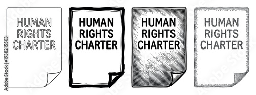 Human rights charter documents presented in four distinct artistic styles, each featuring a curled page corner.