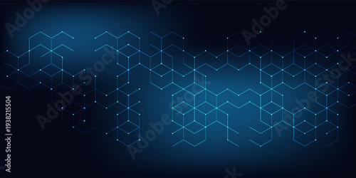 Futuristic abstract blue background featuring glowing hexagonal grid pattern and connected dots. Digital technology concept with geometric honeycomb structure