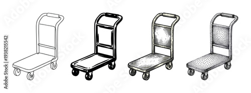 Four hand trucks depicted in various illustrative styles, showcasing diverse artistic techniques for transport and delivery.
