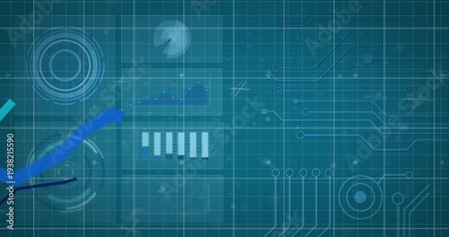 Animation of pizza icons over financial data processing on blue background
