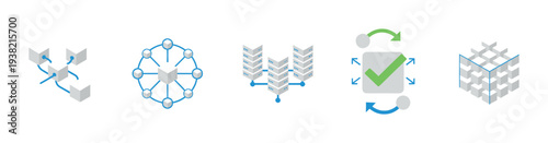 Data and network icons representing various technology concepts, processes, and infrastructure elements for digital systems.