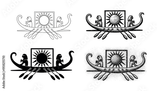 Ancient Egyptian solar boat symbol featuring a prominent sun disk and two stylized figures in an antique style.
