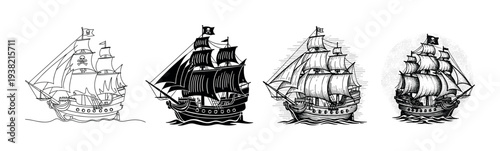 Four vintage pirate ships sailing on the open sea, depicted in various classic engraving and outline styles.