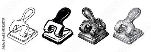 Four different artistic styles of a classic hole puncher are beautifully illustrated in this collection of black and white designs.