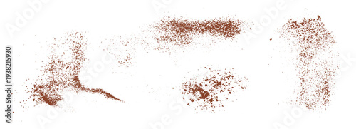 Horizontal set of brown powder splatter textures isolated on white background. Top view cinnamon, coffee or cocoa dust. Grunge overlay elements.