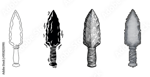 Primitive stone tools set with various artistic styles including outline, solid, engraved, and halftone illustrations.