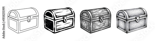 Four distinct wooden treasure chests are illustrated in various hand-drawn and engraved styles, showcasing different artistic techniques.