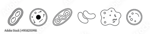 Various biological cells and organelles line art icons representing microscopic life forms and structures.