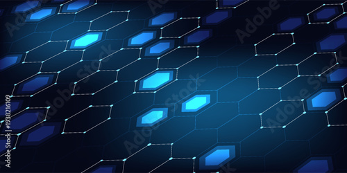 Futuristic abstract blue background featuring glowing hexagonal grid pattern and connected dots. Digital technology concept with geometric honeycomb structure