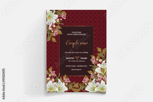 WEDDING INVITATION FRAME WITH FLOWER DECORATIONS AND FRESH LEAVES