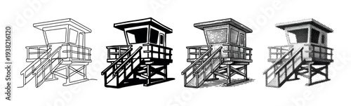 Lifeguard tower illustrations in various artistic styles showcasing different drawing techniques and visual aesthetics.