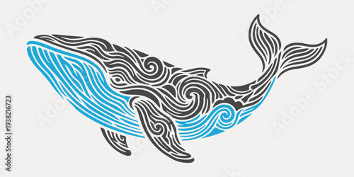 Stylized whale vector illustration featuring intricate tribal patterns and swirling ocean waves for premium marine icon bundles or design packs.