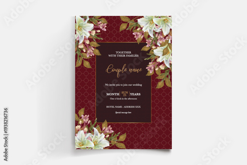 WEDDING INVITATION FRAME WITH FLOWER DECORATIONS AND FRESH LEAVES