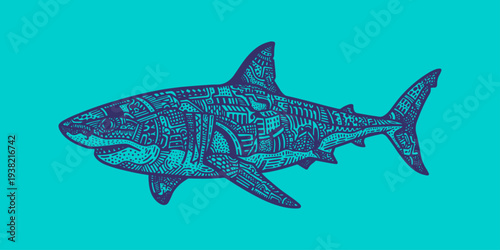 Intricate tribal shark vector illustration featuring ornate geometric patterns perfect for marine wildlife icon packs and ocean animal graphic bundles.