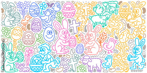 Playful Easter doodle featuring festive bunnies decorated eggs spring flowers religious crosses baskets chicks vector art illustration pack