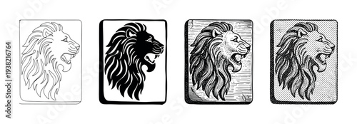 Four different stylized lion head illustrations roaring in profile, showcasing various artistic engraving and drawing techniques.